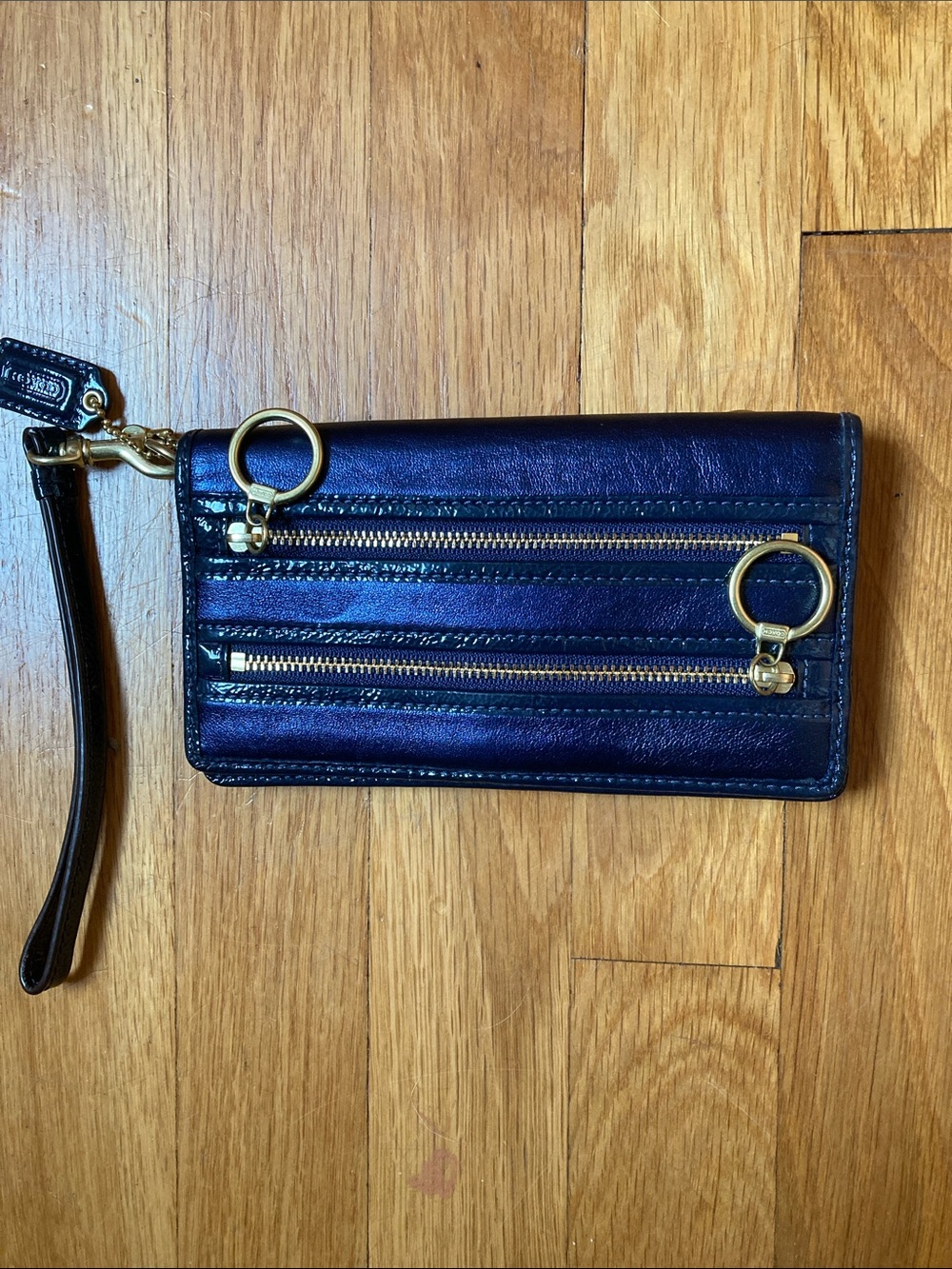 Coach Navy Leather Wristlet with Gold Hardware